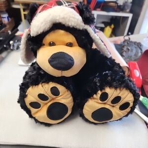Adorable Black and Tan Plush Bear with Plaid Hat